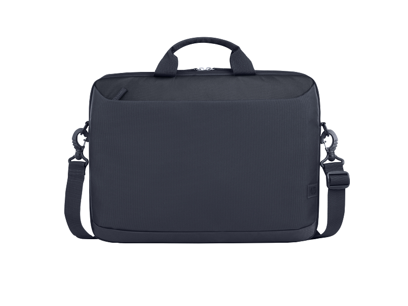 Egy sötétkék laptop táska, fogantyúval és vállpánttal. Van egy elülső zsebe és fémkapcsok.