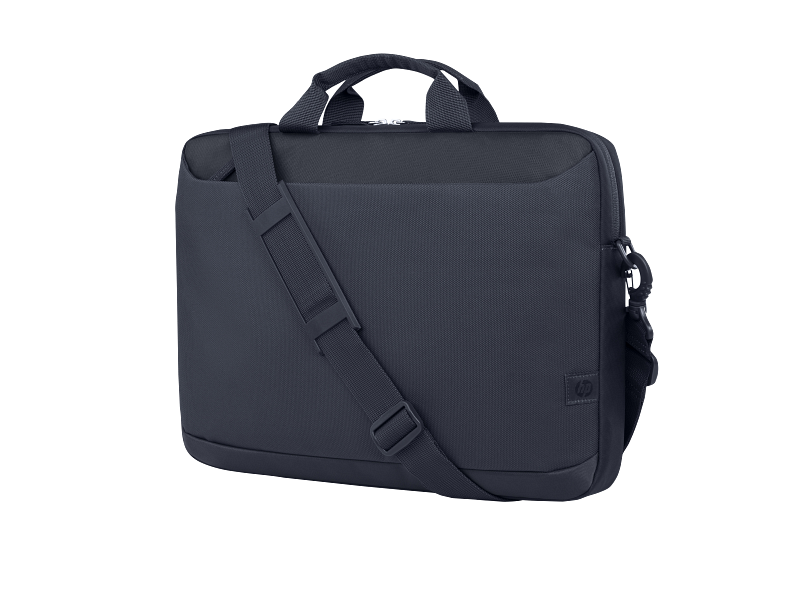 Egy sötétkék HP laptop táska vállpánttal és fogantyúval. Az HP logó a jobb alsó sarokban található.