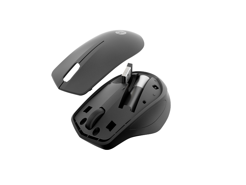 Egy szétszerelt fekete HP egér, látható USB vevővel és akkumulátorral. A felső fedél fel van emelve, belső alkatrészeket mutatva.