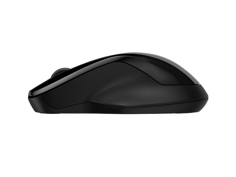 Egy fekete számítógépes egér látható profilból fekete háttér előtt. Az egér sima, ergonomikus kialakítású.