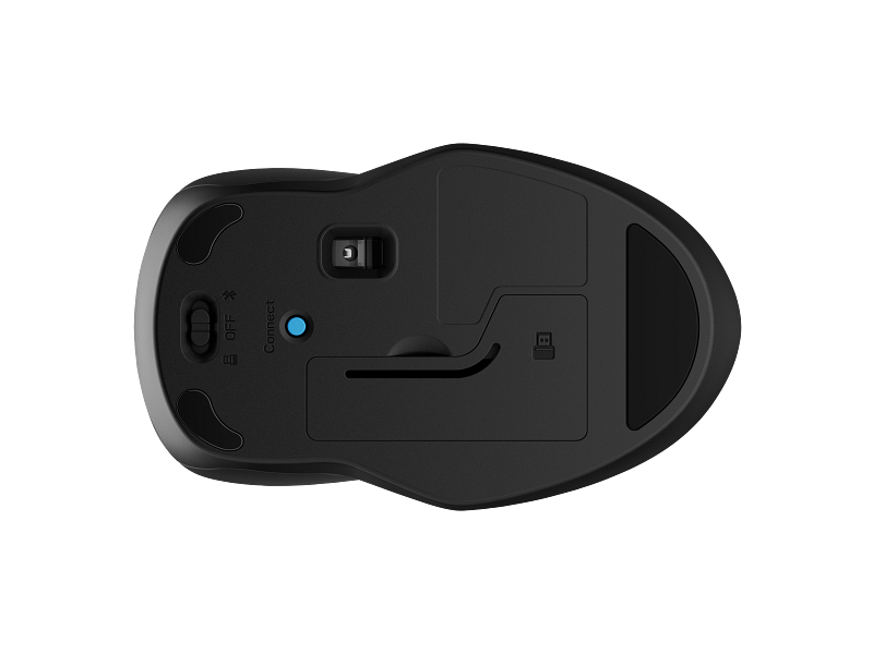 Egy fekete számítógépes egér alulnézete. Van rajta egy ki-be kapcsoló, egy connect gomb, és egy USB vevőegység nyílása.