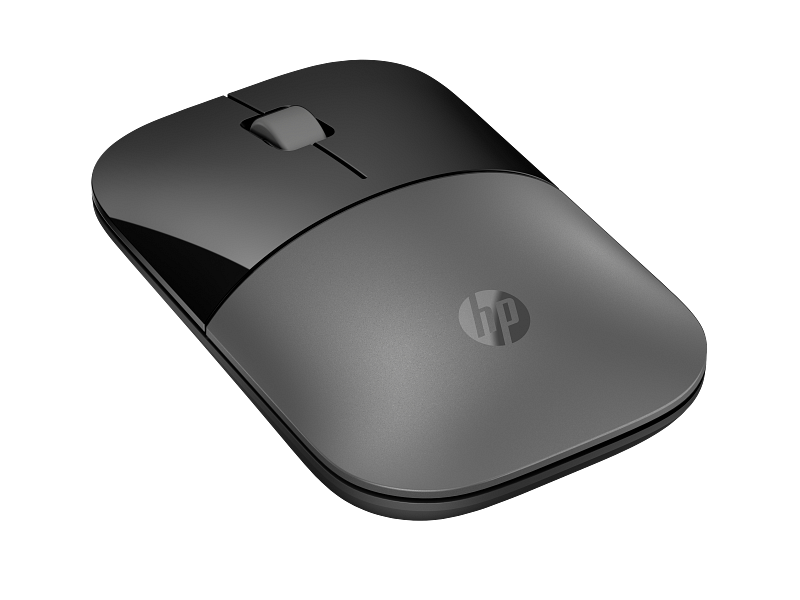 Egy sötétszürke HP vezeték nélküli egér fekete háttéren. Az egéren van egy görgő, és látható a HP logója.