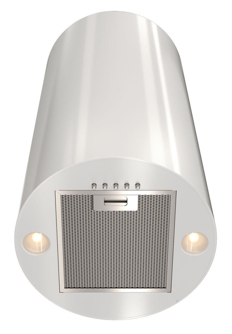 Biały, cylindryczny okap kuchenny. Posiada filtr z metalowej siatki, światła i przyciski sterujące.