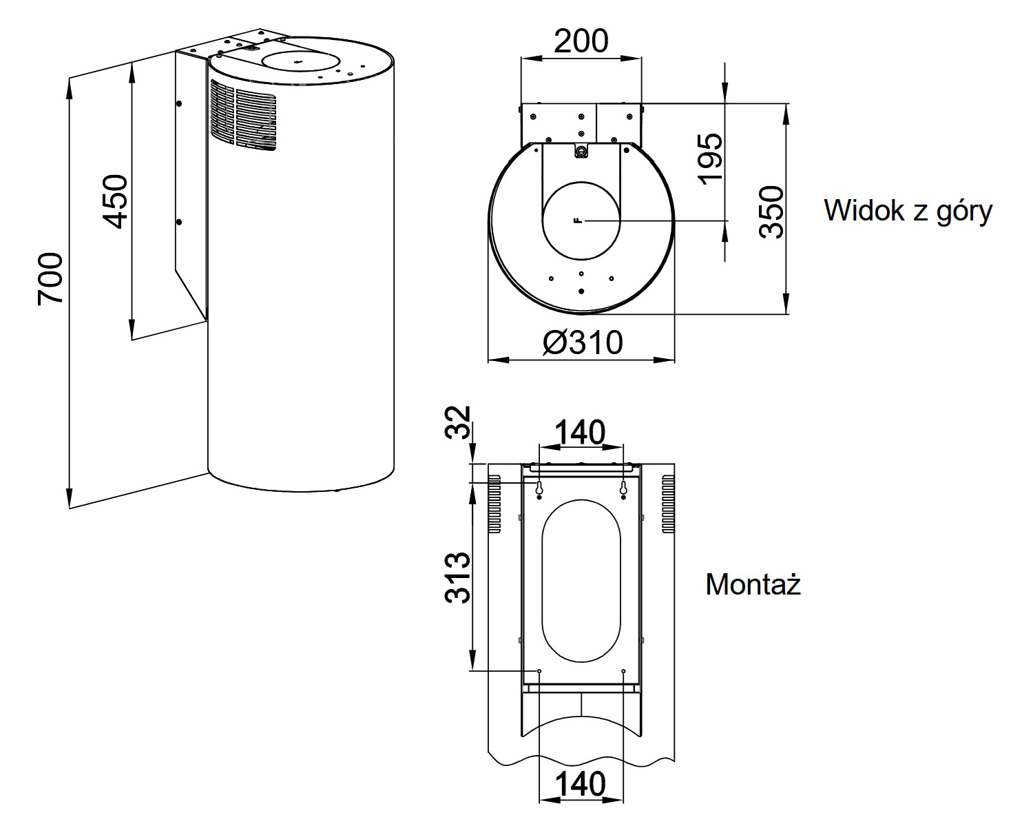 Rysunek techniczny obiektu cylindrycznego z wymiarami. Widok z góry, z boku oraz szczegóły montażu.