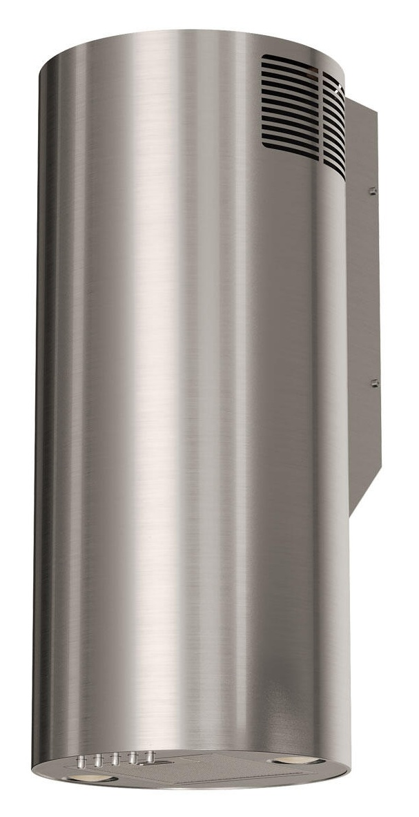 Okap ze stali nierdzewnej, cylindryczny z prostokątnym otworem wentylacyjnym i światłami na dole, na białym tle.