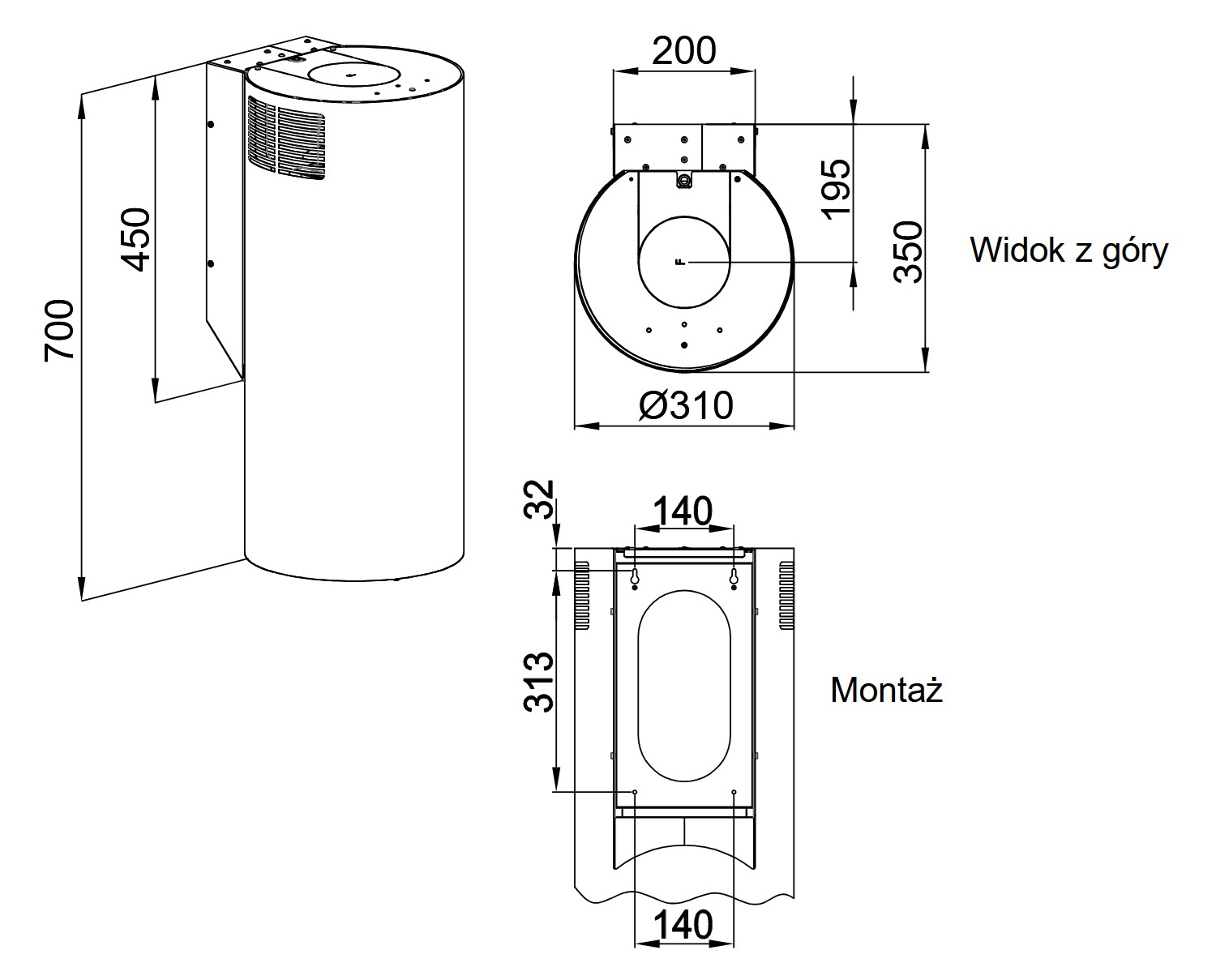 Rysunek techniczny cylindrycznego podgrzewacza wody z wymiarami i szczegółami montażu. Zawiera widok z góry i instalacji.