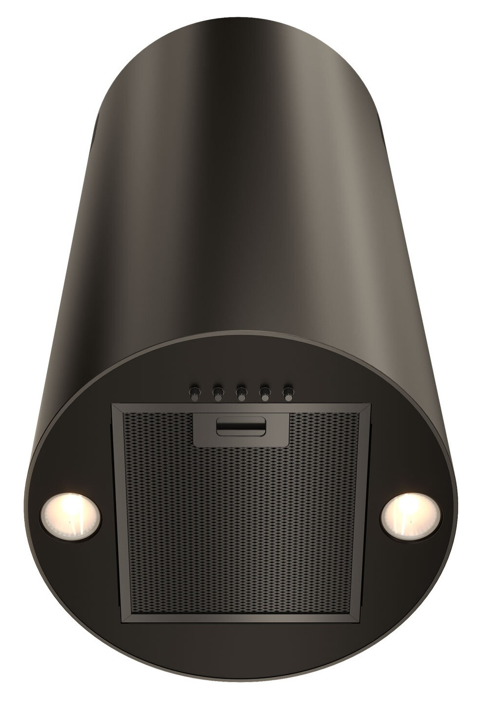 Czarny, cylindryczny okap kuchenny. Ma otwór wentylacyjny, światła i pokrętła sterowania. Tło jest białe.