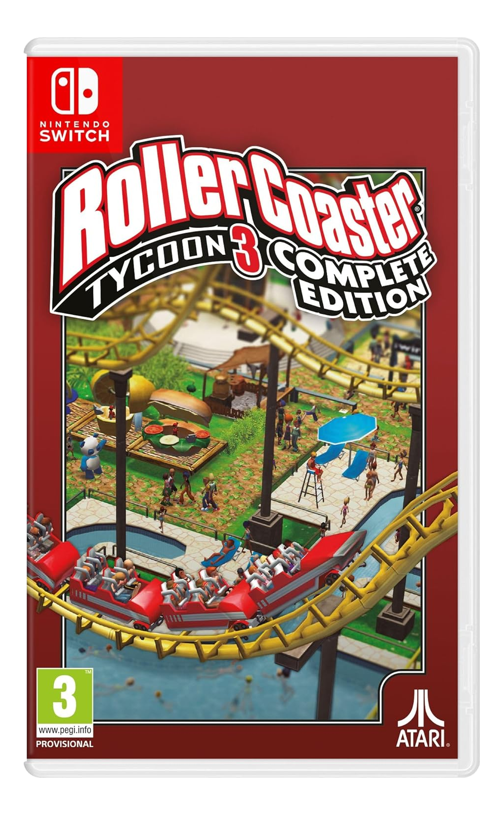 Spielcover von RollerCoaster Tycoon 3 Complete Edition. Zeigt eine Achterbahn, eine Szene aus einem Themenpark, mit Text und Logos.