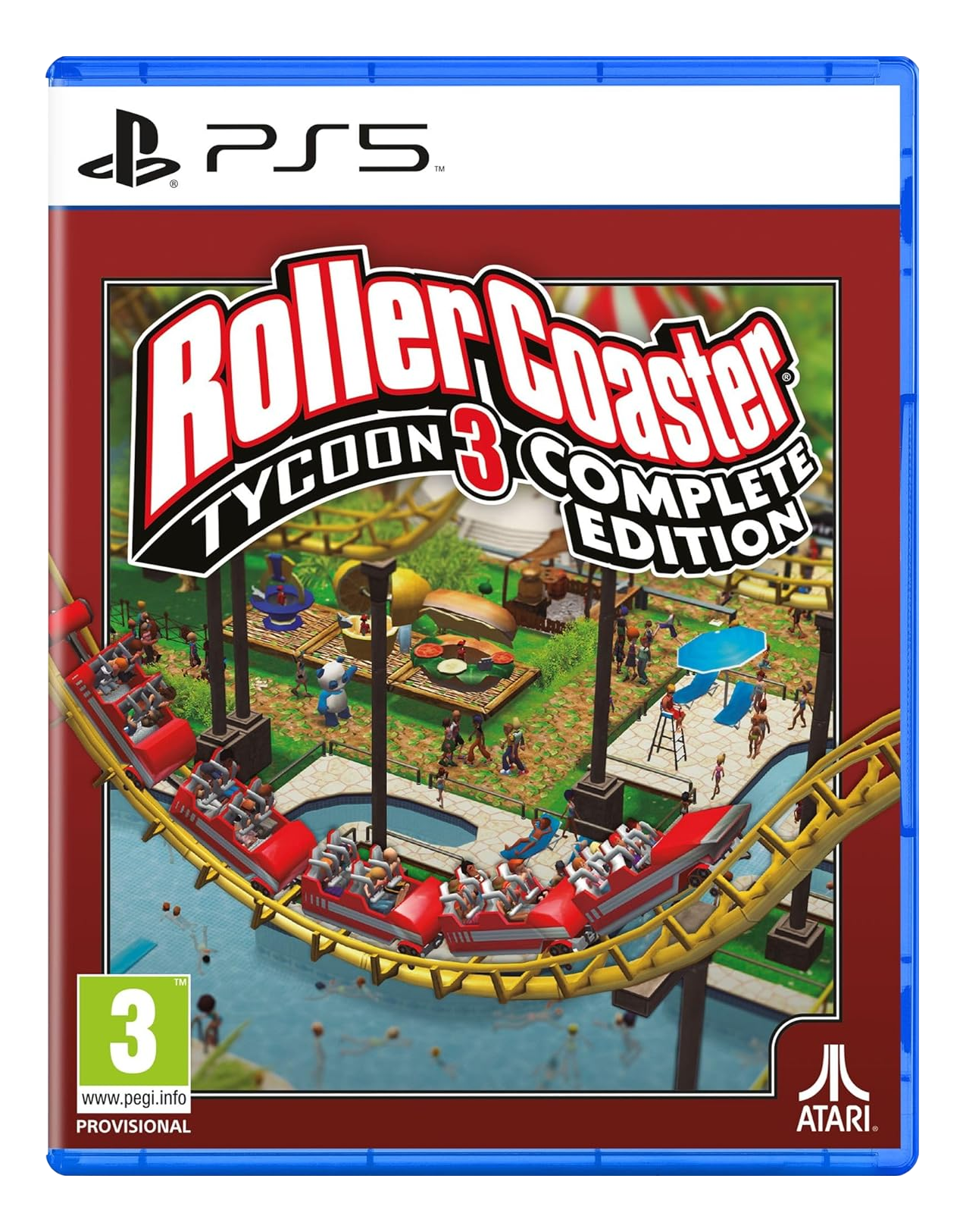 RollerCoaster Tycoon 3 Complete Edition Spielcover. Eine rote Achterbahn mit Personen befindet sich auf der Vorderseite mit einem Freizeitpark im Hintergrund.