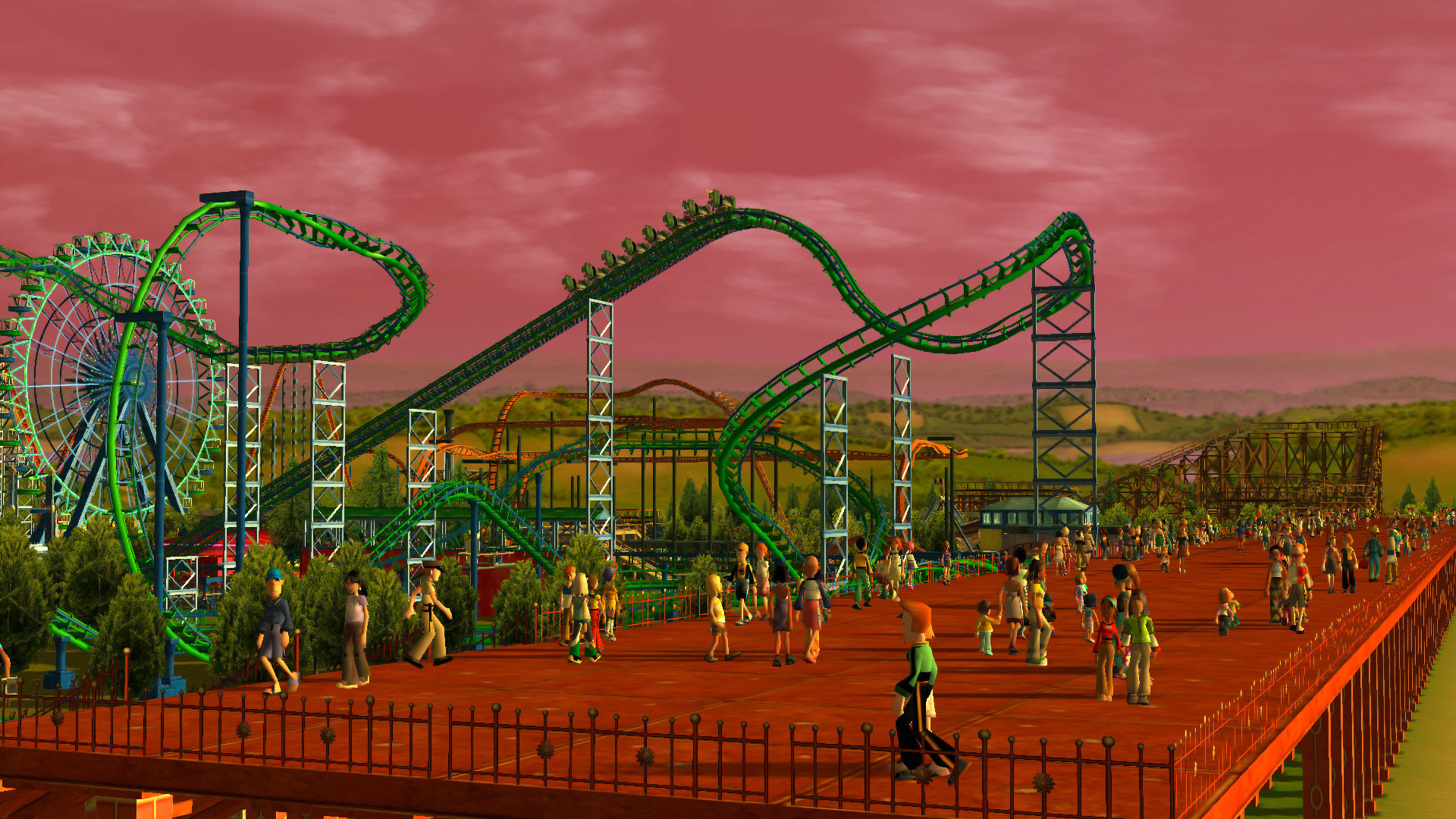 Themenpark mit Achterbahnen und Riesenrad. Menschen gehen auf einer Holzbrücke unter rotem Himmel. Grüne Bäume und Gras.