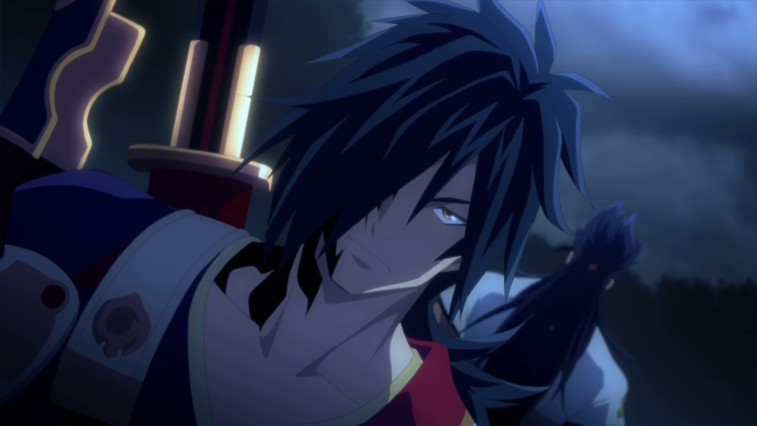 Anime-Charakter mit schwarzen Haaren und Schwert. Dunkle Markierungen im Gesicht, trägt ein rot-weißes Outfit. Der Hintergrund ist unscharf.