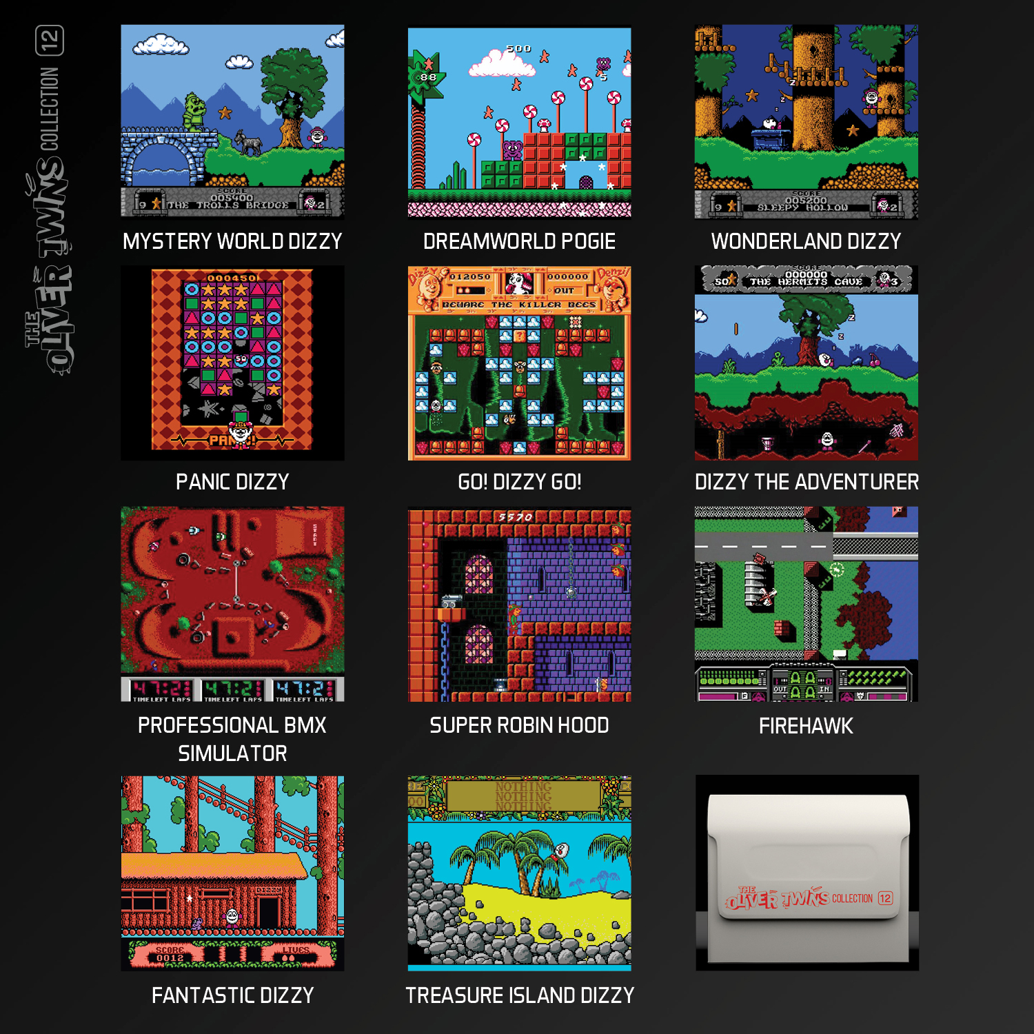 Raccolta di schermate di giochi retrò, tra cui 'Mystery World Dizzy', 'Dreamworld Pogies' e 'Panic Dizzy'.
