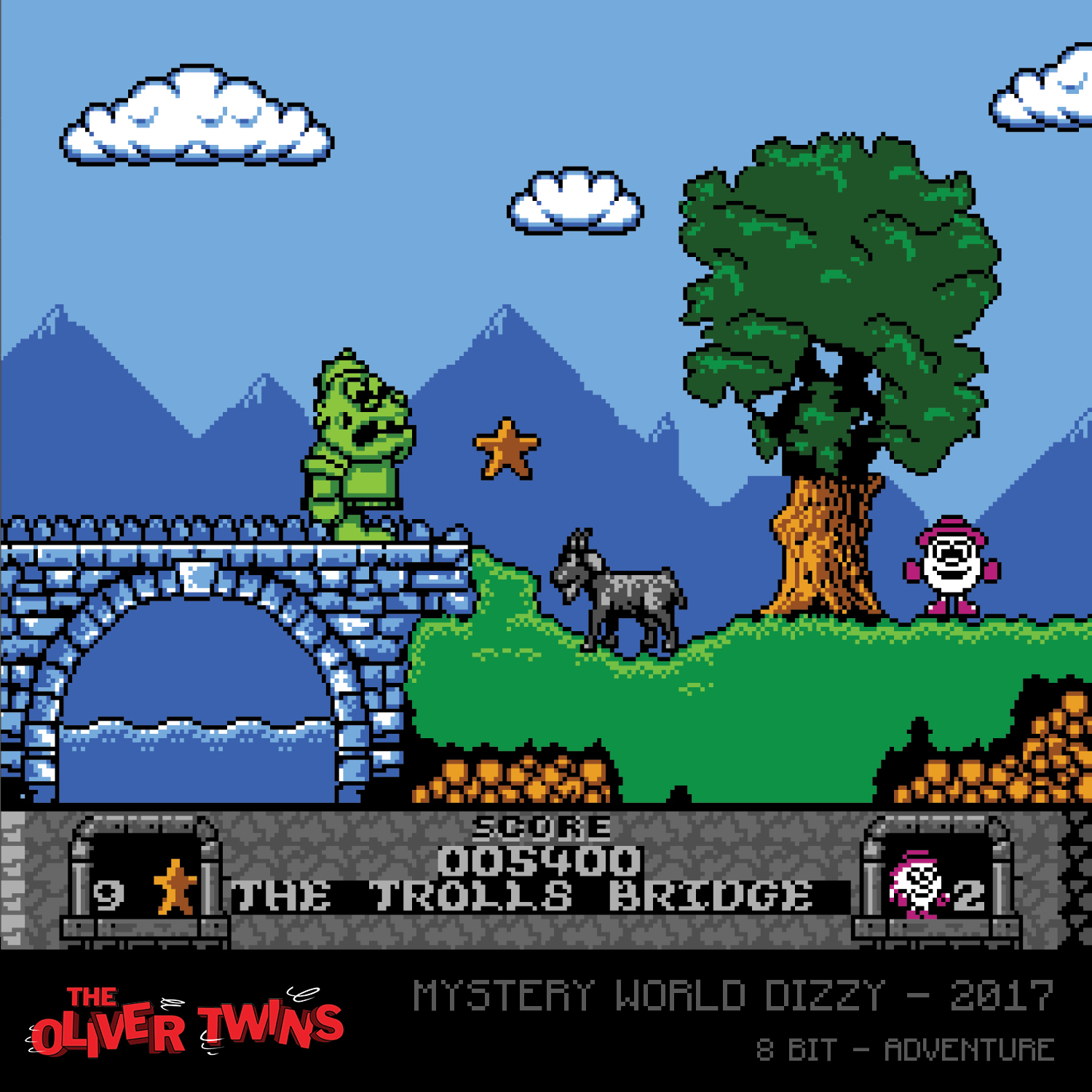 Scena di gioco pixelata. Un troll verde è su un ponte. Sono visibili anche un asino, un albero e un personaggio a forma di uovo. Punteggio: 5400.