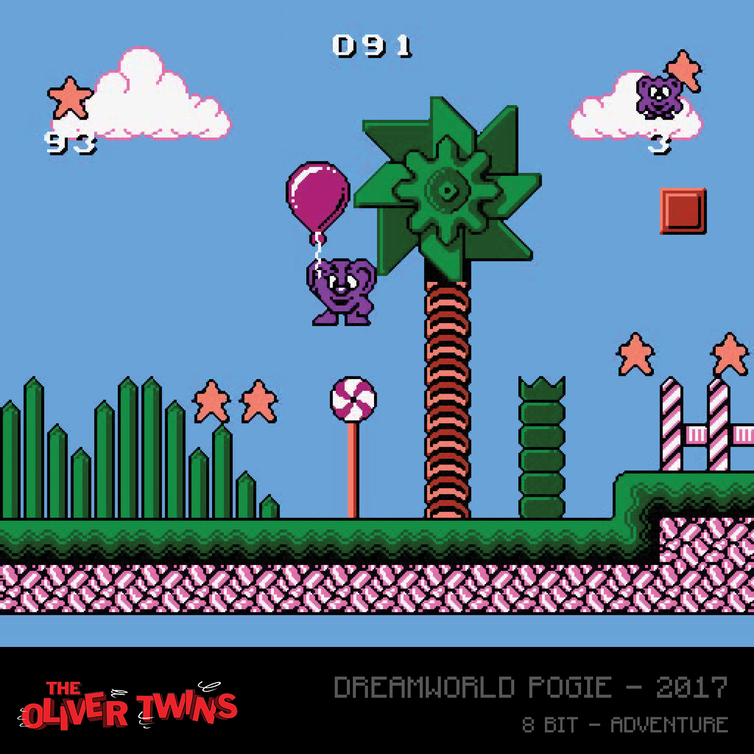 Scena di gioco pixelata. Un orso viola tiene un palloncino. Alberi, nuvole e una caramella nella scena. Il titolo è Dreamworld Pogies 2017.