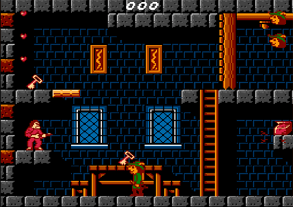 Una scena di videogioco pixelata. Personaggi in un castello. Un personaggio in rosso tiene un'arma. Un altro in verde è vicino a un tavolo.