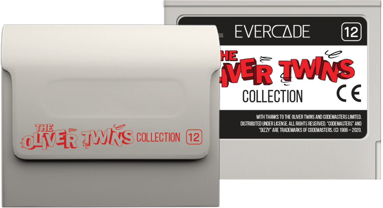 L'immagine mostra una cartuccia di gioco con l'etichetta 'The Oliver Twins Collection 12' in rosso, su sfondo grigio. È visibile anche 'EVERCADE'.