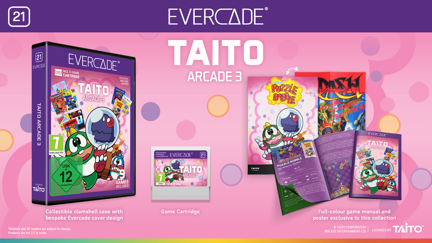 Das Bild zeigt das Evercade Taito Arcade 3 Spielset. Enthält Spielkassette, Hülle, Handbuch und Poster mit Spielkunst und Branding.
