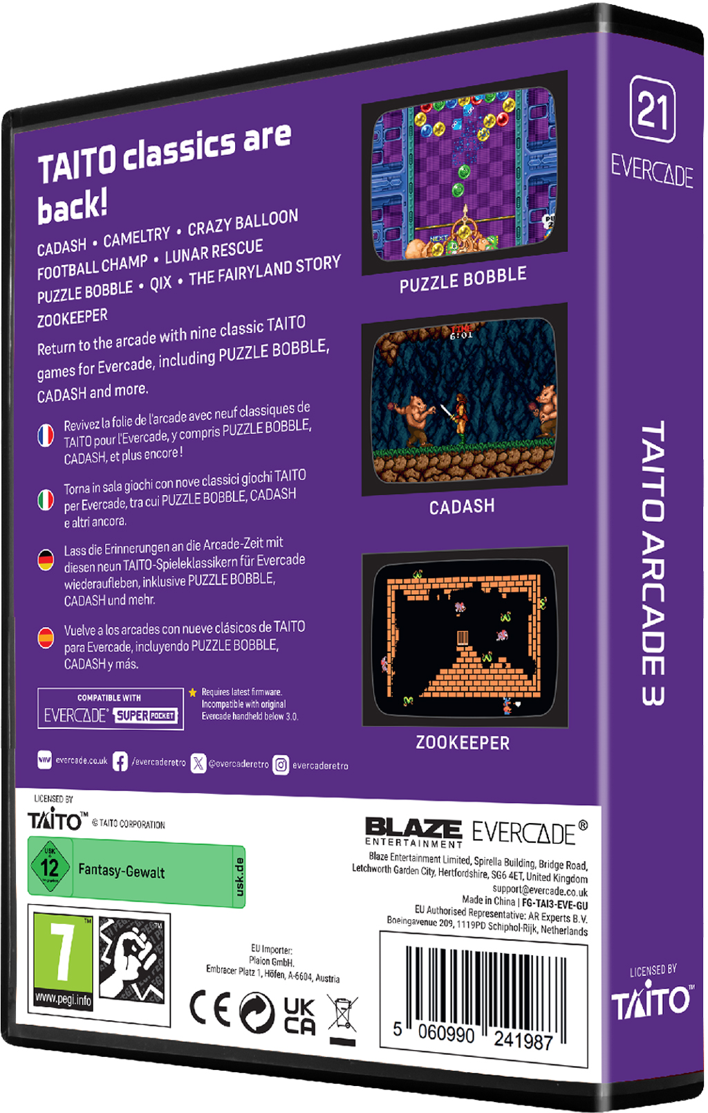 Evercade TAITO Arcade 3-Spielbox. Zeigt Spieletitel wie Puzzle Bobble, Cadash und Zookeeper mit einer PEGI 7-Bewertung.