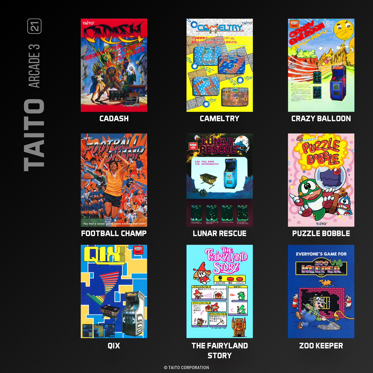 Neun Arcade-Spielplakate, darunter Cadash, Cameltry, Crazy Balloon, Football Champ, Lunar Rescue, Puzzle Bobble, Qix, Story, Zoo Keeper.