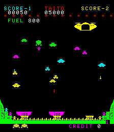 Ein Retro-Arcade-Spielbildschirm mit fliegenden Alien-Schiffen und Spielstandsanzeigen auf schwarzem Hintergrund.
