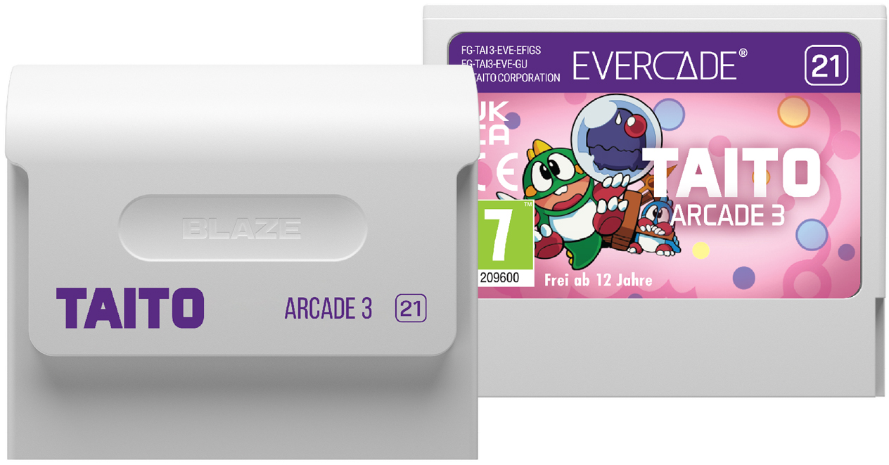 Das Bild zeigt eine weiße Evercade-Kartusche mit 'TAITO ARCADE 3' und einem Spielcover mit Cartoon-Figuren.