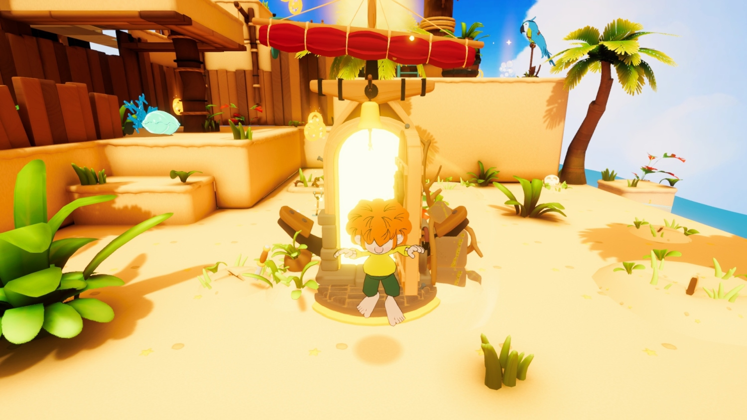 Un personnage de dessin animé aux cheveux orange se tient devant une arche lumineuse sur une plage de sable. Des palmiers et un oiseau bleu sont visibles.