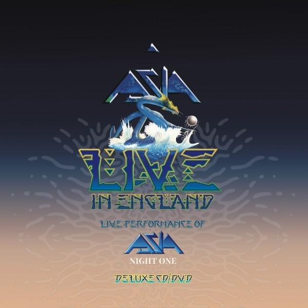 Albumcover von "Asia Live in England". Zeigt einen blauen Drachen über Wellen, das Bandlogo und Text vor einem Farbverlaufshintergrund.