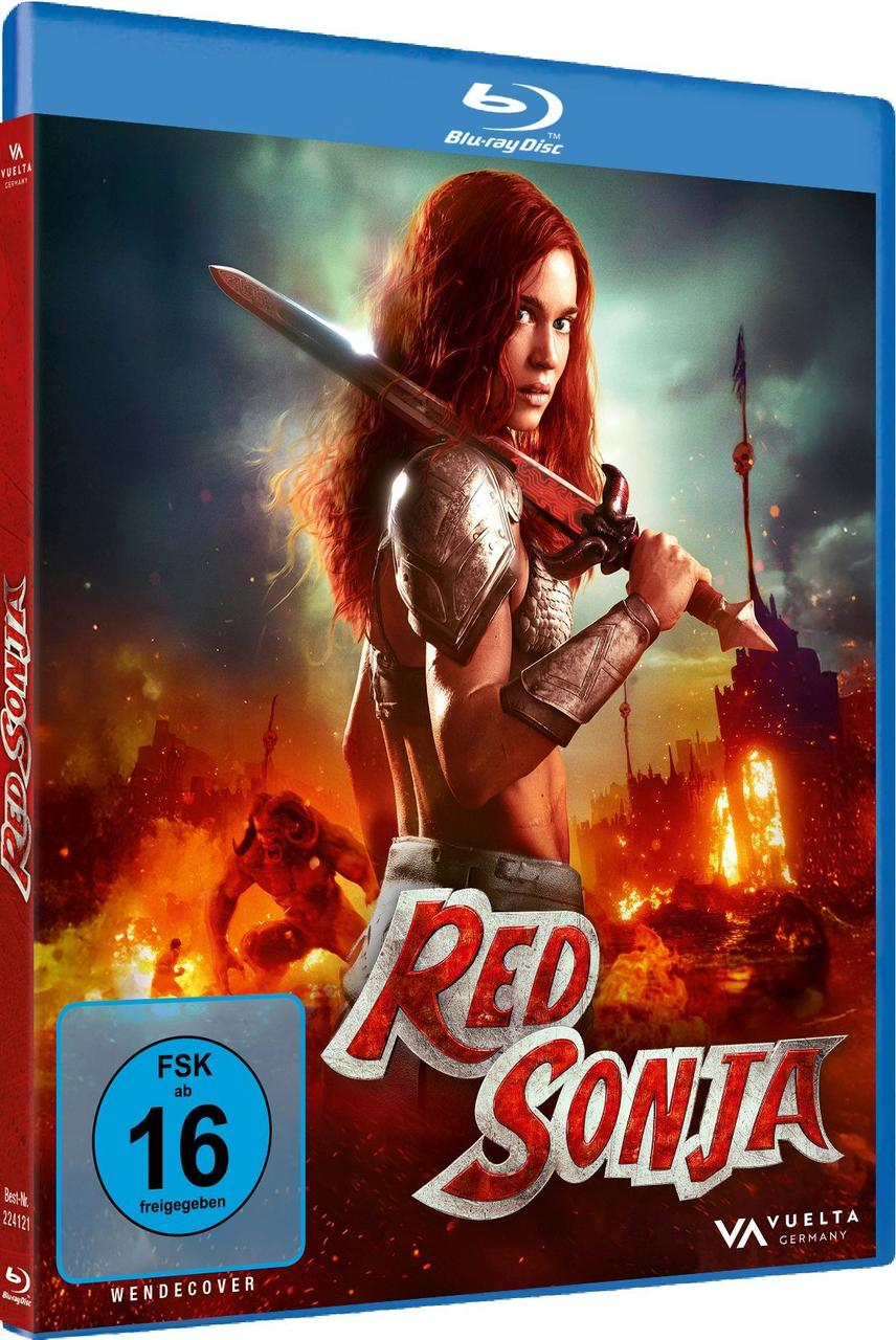 Blu-ray-Cover von Red Sonja. Eine Frau mit roten Haaren hält ein Schwert. Im Hintergrund eine feurige Szene mit einer dämonenartigen Figur.