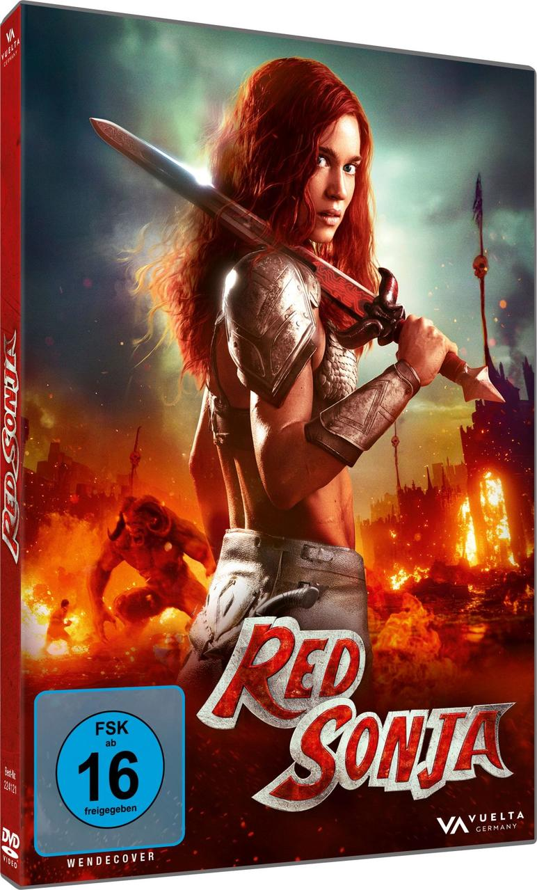 Red Sonja mit Schwert auf DVD-Cover. Sie hat rotes Haar und Rüstung. Ein Monster und eine Stadt sind im feurigen Hintergrund.