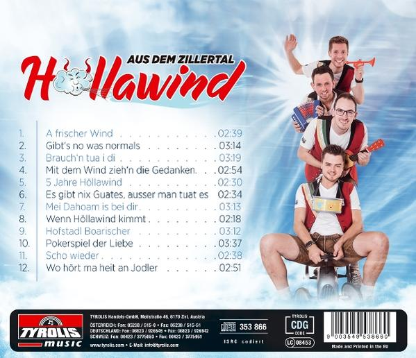 Albumcover mit einer Band in Tracht. Die Band lächelt und spielt Instrumente. Text: Hollawind, Aus dem Zillertal.