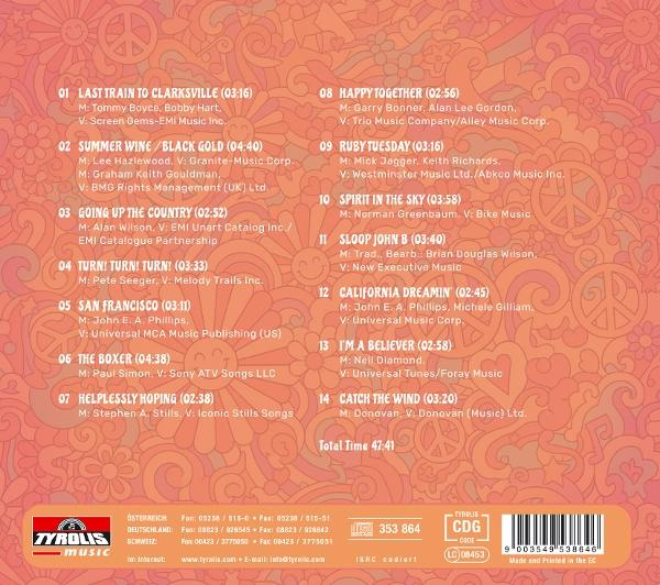 CD-Cover. Oranger Hintergrund mit Titelliste, Friedenszeichen und einem lächelnden Sonnensymbol. Enthält Text und ein CD-Logo.