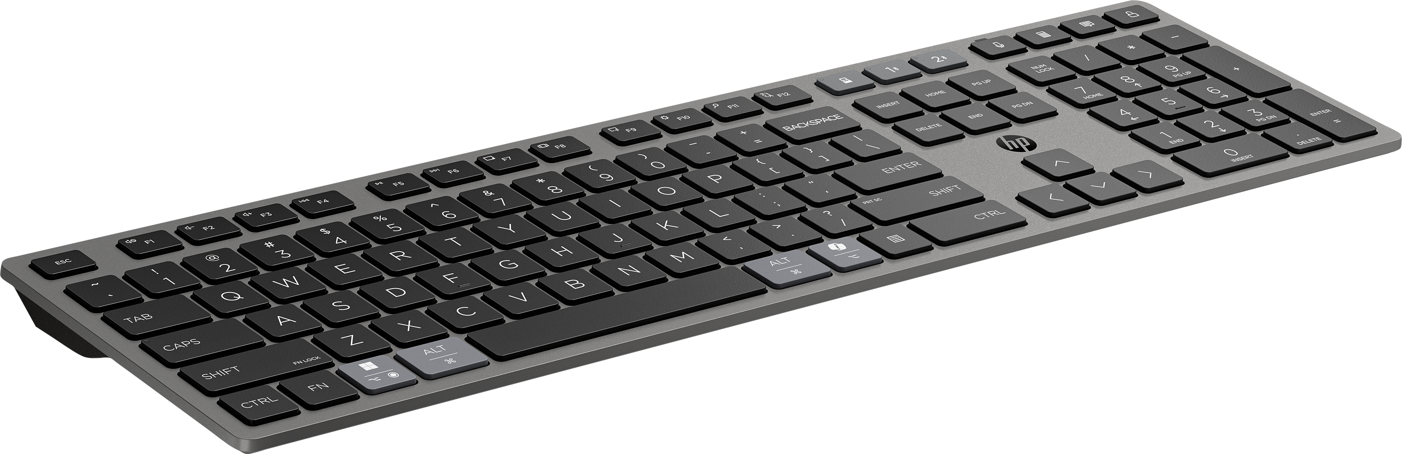Graue HP-Tastatur mit schwarzen Tasten. Buchstaben, Zahlen und Symbole sind auf den Tasten aufgedruckt. Die Tastatur ist abgewinkelt.