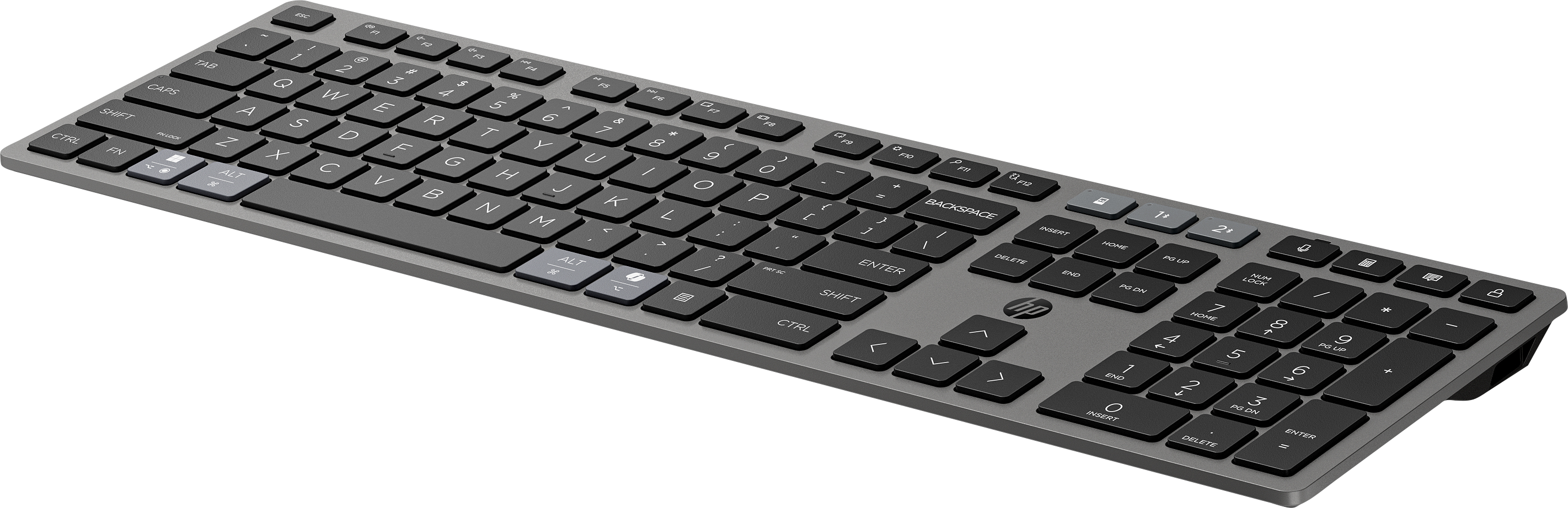 Eine graue HP-Tastatur mit dunkelgrauen Tasten. Buchstaben, Zahlen und Symbole sind sichtbar. Der Hintergrund ist schwarz.