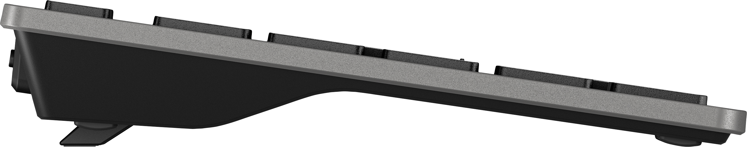 Seitenansicht eines schwarz-grauen Geräts, möglicherweise eine Tastatur, nach oben abgewinkelt.