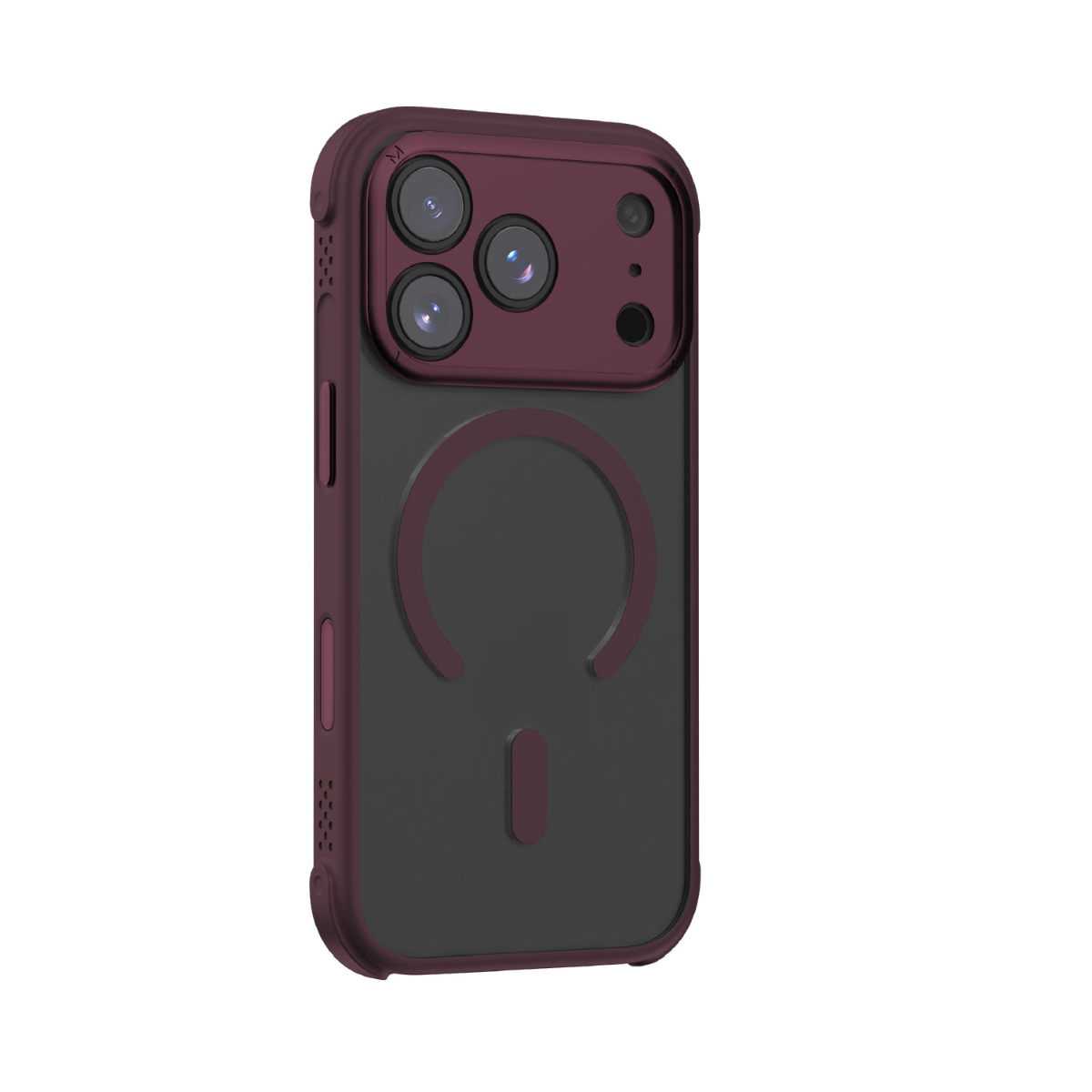 Akıllı telefon kılıfı, bordo çerçeve, dairesel manyetik tasarıma sahip koyu gri arka ve üç kamera merceği.