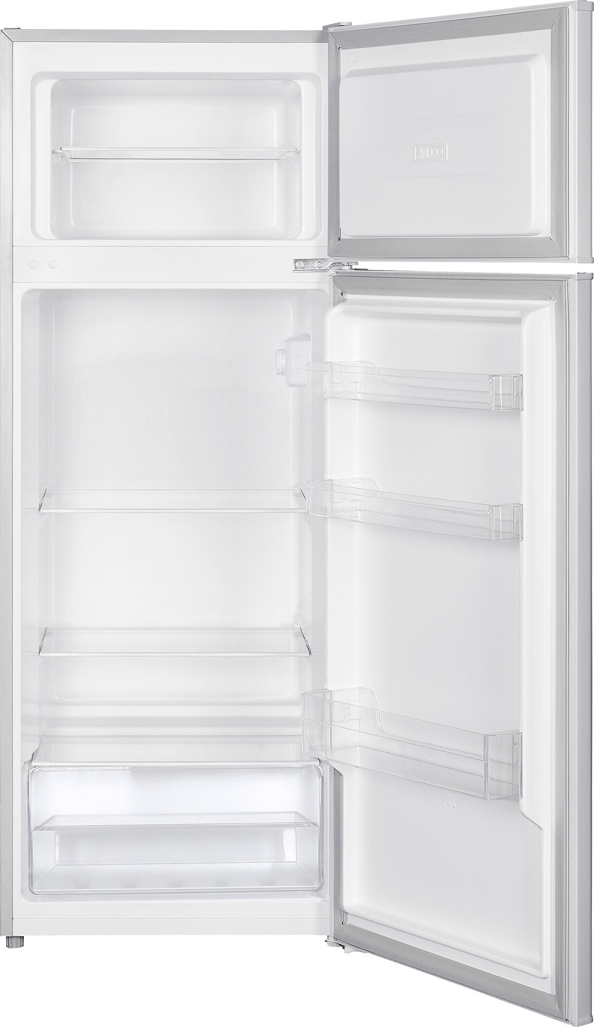 Otwarta biała lodówka z dwiema drzwiami. Lodówka jest pusta. Widać półki w środku. Drzwi są uchylone.