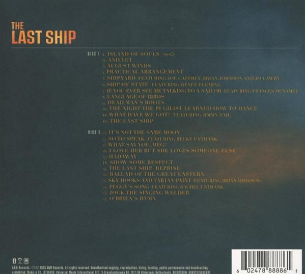 Pochette de l'album 'The Last Ship'. Titre en orange. Liste des chansons en or sur fond bleu foncé avec code-barres.
