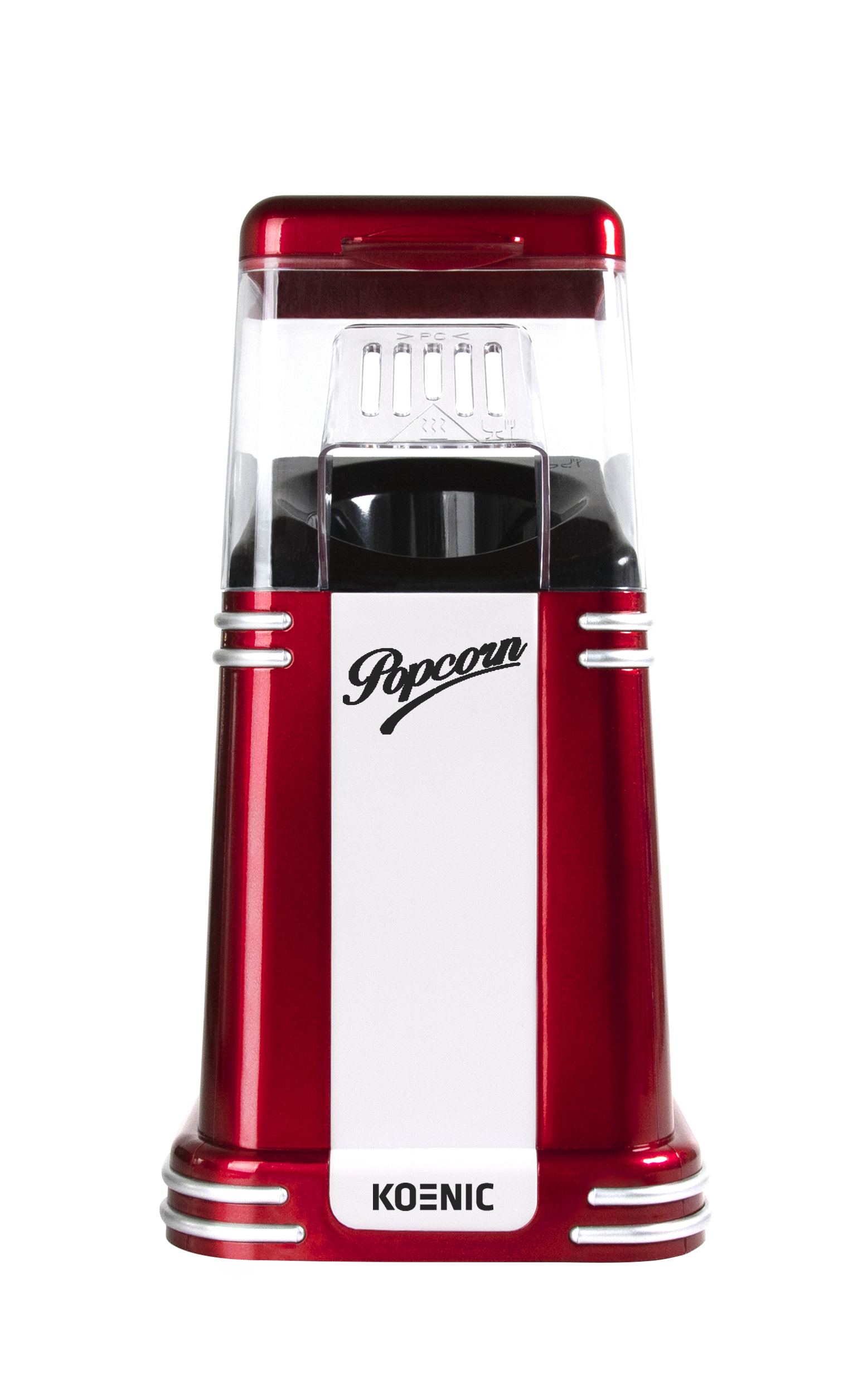Ein rot-weißer Koenic Popcorn-Maker vor schwarzem Hintergrund. Er hat ein Retro-Design.