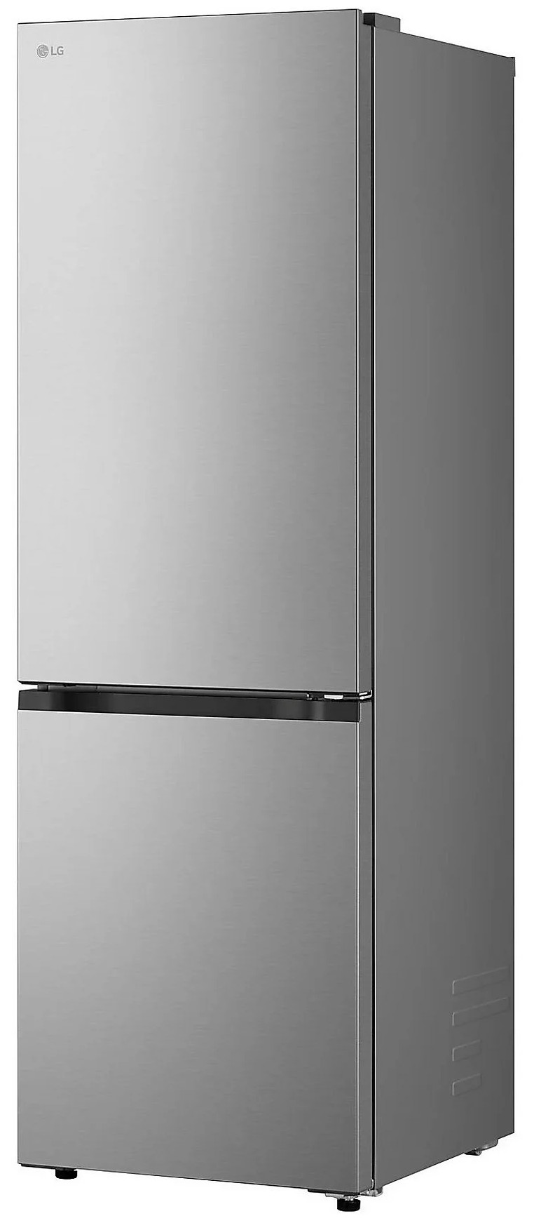 Srebrna lodówka LG z górnymi drzwiami i dolną szufladą. Logo LG widoczne w lewym górnym rogu.