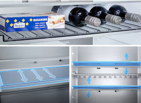 Wnętrze lodówki: pudełko z makaronikami, trzy butelki wina i szczegóły systemu chłodzenia z niebieskimi strzałkami wskazującymi kierunek przepływu powietrza.