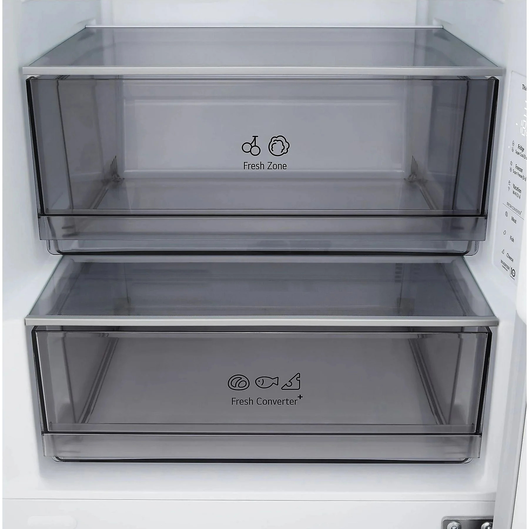 Wewnątrz lodówki widoczne są dwie przezroczyste szuflady. Górna ma etykietę 'Fresh Zone', dolna 'Fresh Converter+'.