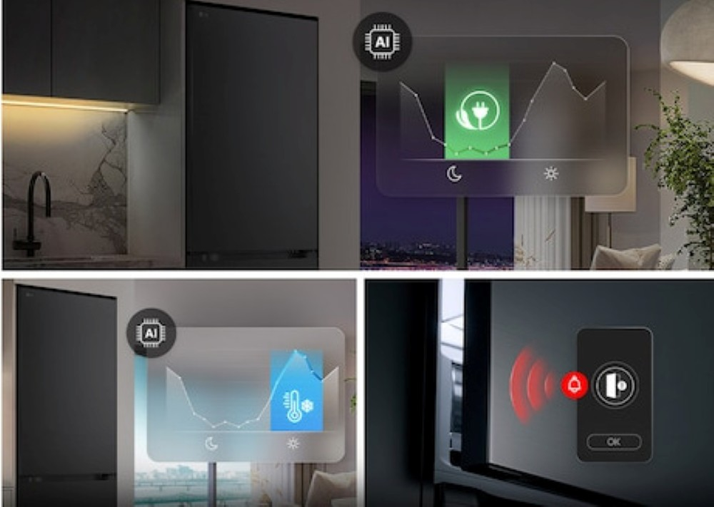 Czarna lodówka z AI. Wyświetla zużycie energii, kontrolę temperatury i alarm drzwiowy w kuchni.