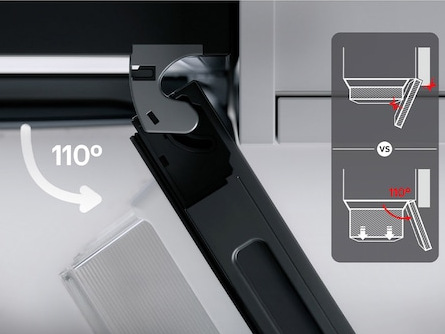 Obraz przedstawia mechanizm otwierający się do 110 stopni. Diagram porównuje to z otwarciem 150 stopni.