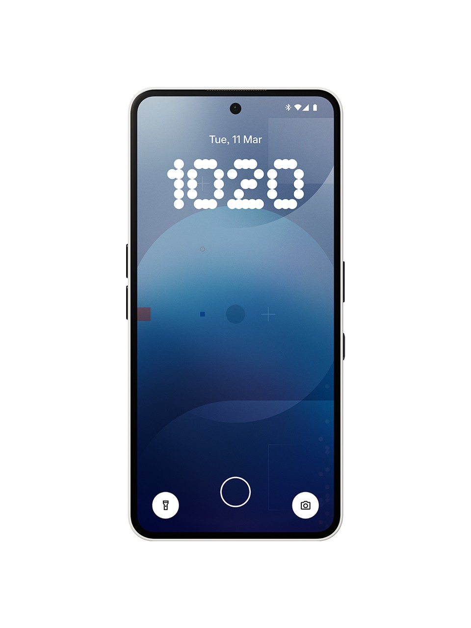 Bir akıllı telefon ekranında saat 10:20, tarih ve simgeler görüntüleniyor. Arka plan gradyan mavidir. Kamera ve el feneri simgeleri var.
