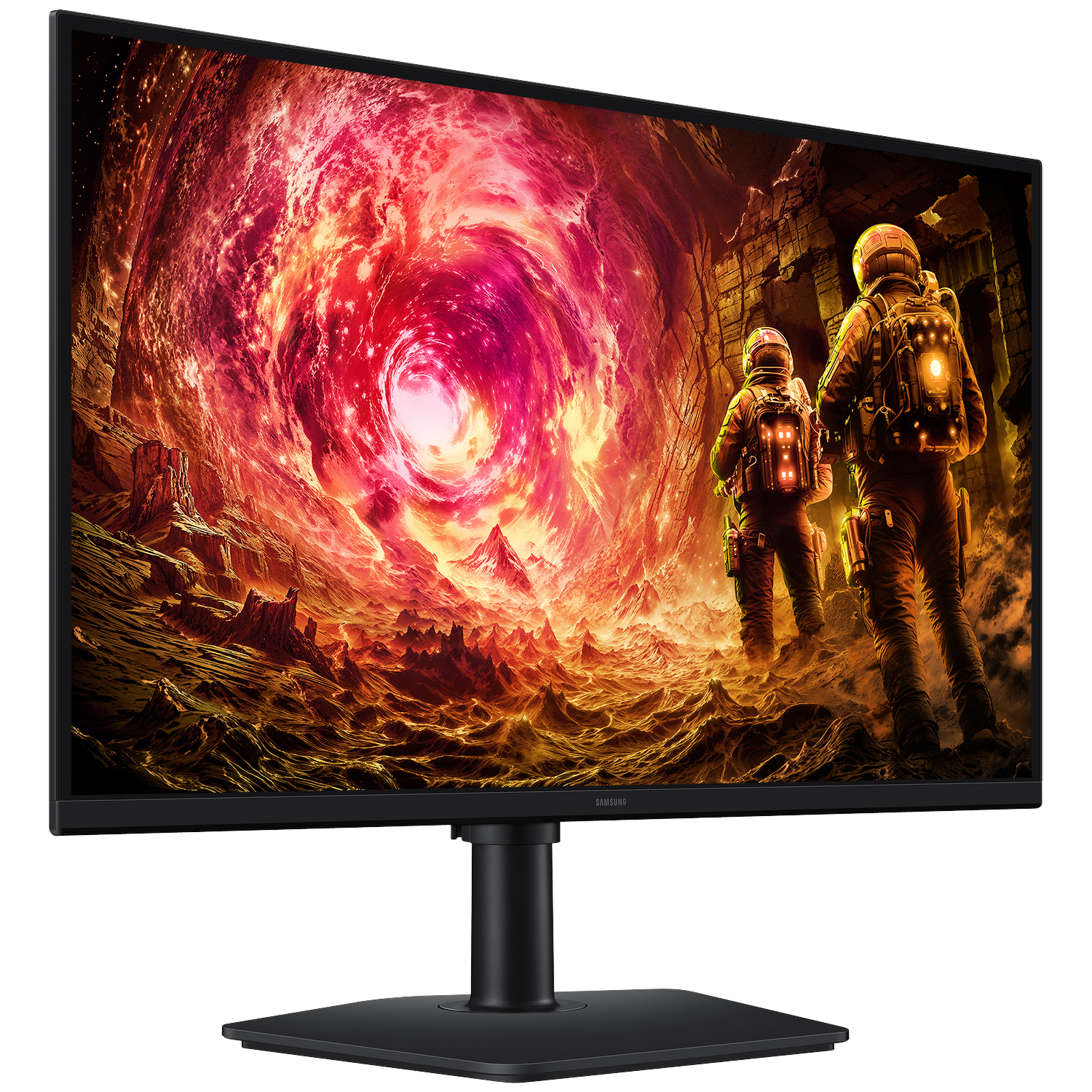 Monitor displays two astronauts exploring a fiery landscape. A red vortex dominates the background.