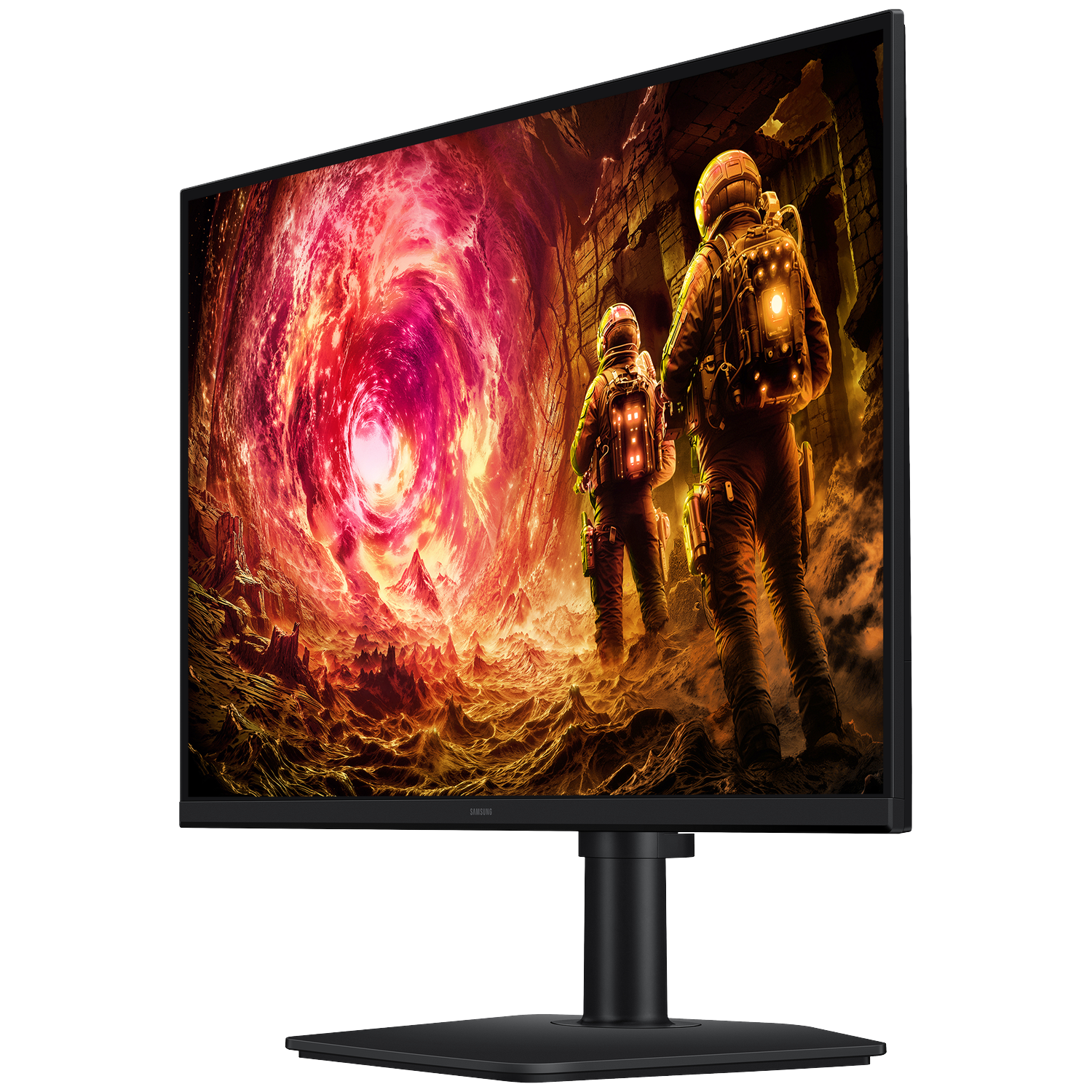 Monitor displays astronauts facing a glowing vortex. They stand on a rocky surface, with a dark, textured background.