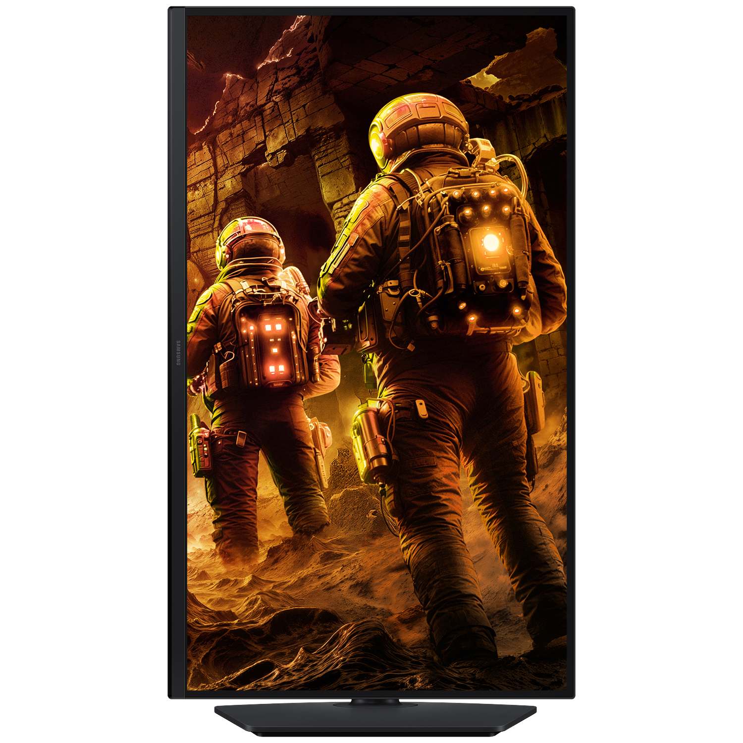 Two astronauts in suits walk through a rocky, alien landscape. They are exploring a dark, cavernous environment with glowing lights.