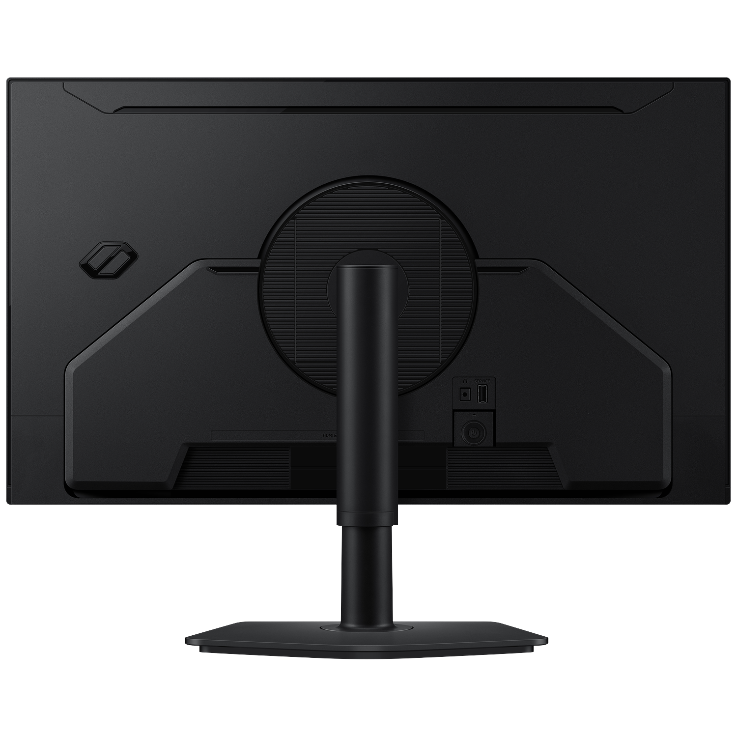 The back of a black computer monitor is shown. It has a stand, ports, and a ventilation area.