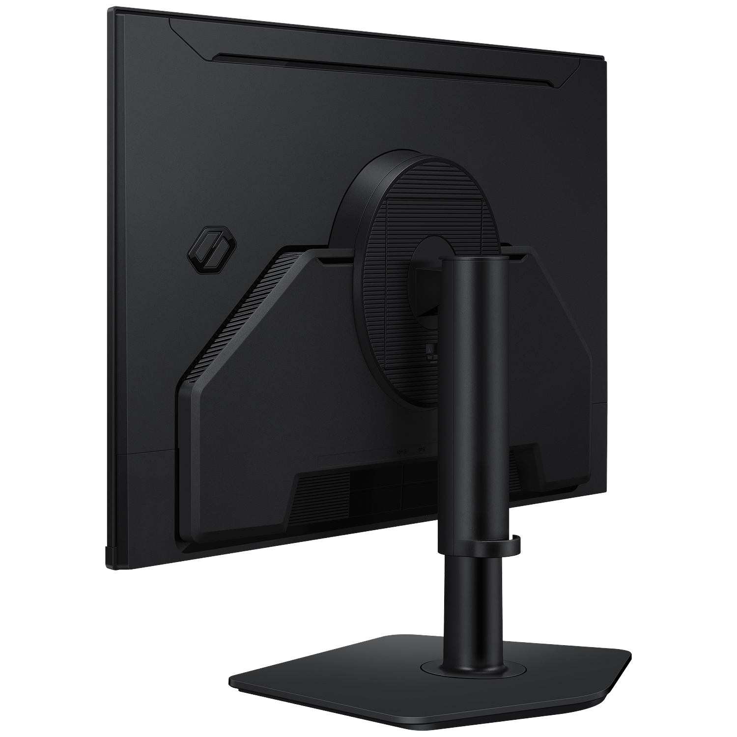 The back of a black computer monitor is shown. It has a stand, a circular feature, and ports. The monitor is on a white background.