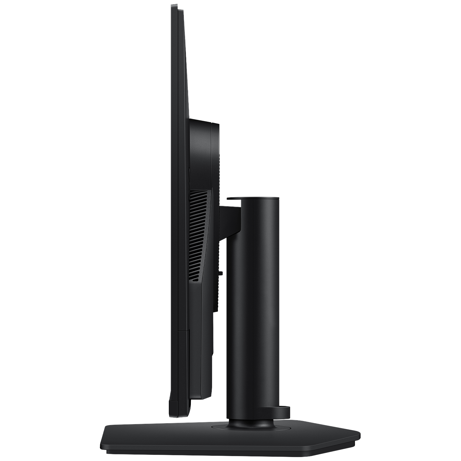 Side view of a black computer monitor. It has a stand and a rectangular base. The screen is thin and black.